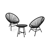 idmarket - salon de jardin izmir table et 2 fauteuils oeuf cordage noir