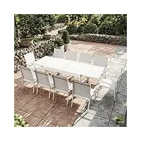 avril paris table de jardin extensible aluminium 270cm + 10 fauteuils empilables textilène - blanc - andra.
