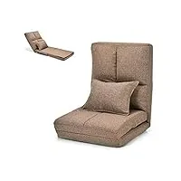 costway chaise longue réglable fauteuil relax de sol matelas pliant, canapé paresseux avec pouf confortable et dossier ajustable de 5 positions pour méditation, lecture,jusqu’à 100kg (marron)