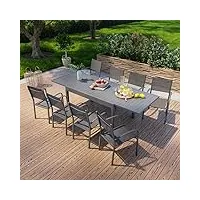 avril paris table de jardin extensible en aluminium 270cm + 8 fauteuils empilables textilène anthracite - milo 8.