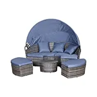outsunny bain de soleil chaise longue salon de jardin exterieur modulable en résine tressée avec pare soleil pliable 5 coussins 3 oreillers 175l x 180p x 147h cm bleu