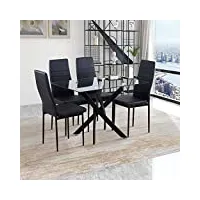 goldfan table et 4 chaises table à manger en verre table rectangulaire table cuisine salon table en verre chaise en cuir, noir