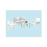dmora salon intérieur et extérieur composé de : 2 fauteuils, 1 canapé 2 places et 1 table basse, avec coussins, made in italy, blanc