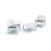 dmora salon intérieur et extérieur composé de 2 fauteuils 1 table basse avec coussins, made in italy, coloris blanc