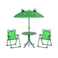 outsunny ensemble salon de jardin enfant 4 pcs design grenouille - table ronde + 2 chaises pliables + parasol - métal époxy oxford vert