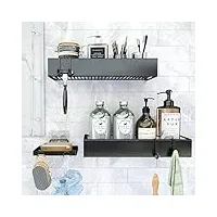 roseyat lot de 3 étagères de douche avec crochets, support de rangement adhésif pour salle de bain, cuisine, sans perçage - support mural pour shampooing avec porte-savon de douche - noir