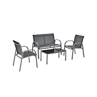 salon de jardin design table basse plateau en verre canapé fauteuils set de 4 meubles extérieurs pour 4 personnes acier pvc polyester noir gris foncé