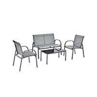 salon de jardin design table basse plateau en verre canapé fauteuils set de 4 meubles extérieurs pour 4 personnes acier pvc polyester noir gris clair