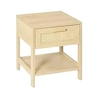 homcom table de chevet tiroir et étagère cannage en rotin dim. 40l x 40l x 48h cm mdf aspect bois clair