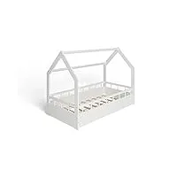 ms factory lit enfant bébé maison 80x160 cm - lit en massif cabane avec protection anti-retombée, barrière sécurité - style scandinave montessori - blanc barrières