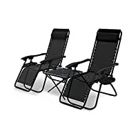 vounot lot de 2 chaise longue inclinable avec table pliable support de gobelet chaise de jardin pliable en textilène chaise longue avec rembourrage de tête charge max 120 kg noir