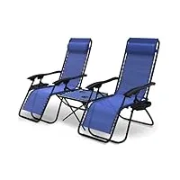 vounot lot de 2 chaise longue inclinable avec table pliable support de gobelet chaise de jardin pliable en textilène chaise longue avec rembourrage de tête charge max 120 kg bleu