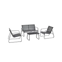 salon de jardin stylé table basse plateau en verre canapé fauteuils ensemble de 4 meubles extérieurs pour 4 personnes acier pvc polyester noir gris foncé