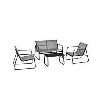 salon de jardin stylé table basse plateau en verre canapé fauteuils ensemble de 4 meubles extérieurs pour 4 personnes acier pvc polyester noir gris clair