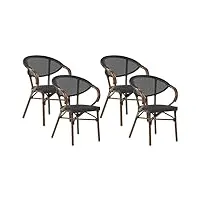 lot 4 chaises petits fauteuils de jardin en aluminum effet bois et textile noir empilables idéales pour terrasse ou balcon moderne beliani