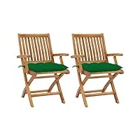 vidaxl 2x bois de teck massif chaises de jardin avec coussins fauteuils de patio chaises de terrasse chaises pliables d'extérieur vert