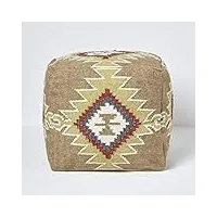homescapes pouf carré en laine kilim jaipur, pouf tressé à motif géométrique, pouf berbère et bohème déco 43 cm