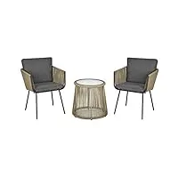 outsunny ensemble salon de jardin 3 pièces style colonial 2 fauteuils avec coussins gris + table basse résine filaire beige acier époxy noir