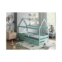 children's beds home - lit simple en forme de maison à baldaquin - teddy - taille 160 x 80, couleur turquoise, tiroir 2 petits, matelas 11 cm en mousse/noix de coco/sarrasin
