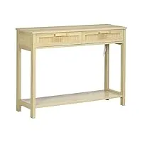 homcom console table d'appoint dim. 100l x 30l x 76h cm 2 tiroirs façades cannage en rotin étagère mdf aspect bois clair