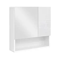 vasagle meuble de salle de bain avec miroir, porte et dessus brillants, placard de rangement mural, armoire suspendue, avec compartiment ouvert et Étagères réglables, 54 x 15 x 55 cm, blanc bbk122w01