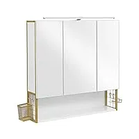 vasagle meuble miroir de salle de bain, armoire murale avec lumière led, armoire 3 portes, avec étagère réglable, sèche-cheveux, panier de rangement, style chic moderne, blanc et or bbk124a10