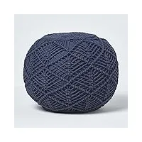 homescapes pouf tressé en coton macramé bleu marine, repose-pieds en crochet, pouf rond tricot 35 x 40 cm