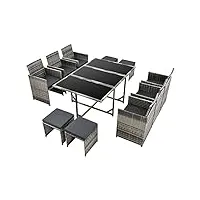 [en.casa] salon de jardin design 10 places ensemble table 6 fauteuils 4 tabourets set de meubles extérieurs acier polyrotin polyester gris chiné avec coussins gris foncé