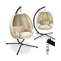 kesser® fauteuil suspendu de luxe avec structure et coussin d'assise moelleux | panier suspendu intérieur et extérieur | balançoire de jardin | panier suspendu | chaise suspendue, beige