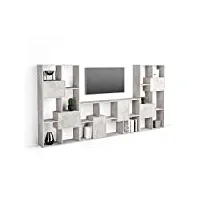 mobili fiver, meuble tv iacopo, gris béton avec portes, 321 cmx28 cmx160.8 cm, meuble tv design pour tv jusqu'à 65'' tv, made in italy