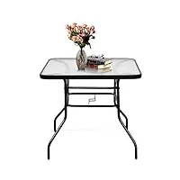 costway table de jardin carré 81 cm, table extérieure en verre avec pieds en métal, table à manger d'extérieur moderne pour terrasse, jardin, balcon et cour, noir