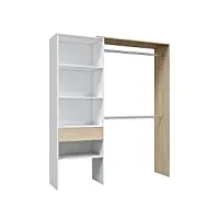 habitdesign armoire dressing, mélamine et barres en aluminium, blanc artik et chêne, grande