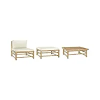 vidaxl salon de jardin 3 pcs avec coussins mobilier de patio meubles de terrasse mobilier de jardin meubles d'extérieur blanc crème bambou
