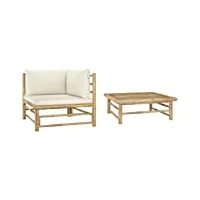 vidaxl salon de jardin 2 pcs avec coussins mobilier de patio meubles de terrasse mobilier de jardin meubles d'extérieur blanc crème bambou