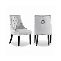 life interiors - chaise capitonnée en velours windsor - avec anneau en métal - style classique & design - pieds en bois - salle à manger, salon ou coiffeuse (gris clair, 4)