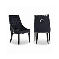 life interiors - chaise capitonnée en velours windsor - avec anneau en métal - style classique & design - pieds en bois - salle à manger, salon ou coiffeuse (noir, 4)
