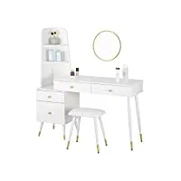 woltu coiffeuse avec tabouret miroir commode, table de maquillage moderne, table de toilette avec 4 tiroirs, grand plateau 100x38 cm, étagères de rangement, chambre blanc mb6081ws