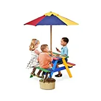 goplus table enfant extérieur, table pique-nique enfant avec parasol, table jardin et banc en bois, pour 1-4 enfants, 89×79×50 cm (multicolore)