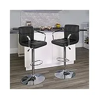 tabouret de bar haut avec dossier et accoudoirs, lot de 2 chaises de cuisine recouverts de cuir synthétique, chaise de bar, réglables en hauteur, base Φ 38,5 cm (2, noir)
