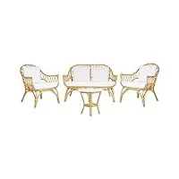 salon de jardin 2 fauteuils table basse et canapé banquette 2 places en rotin clair pour extérieur au style boho et rustique beliani