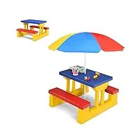 costway table de pique-nique enfants avec parasol amovible, salon de jardin enfants avec 1 table et 2 bancs colorées, cadre solide pour jardin terrasse patio, 107 x 107 x 137 cm