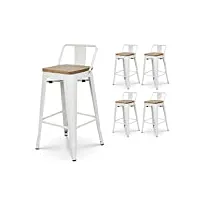 kosmi - lot de 4 tabourets en métal blanc mat style industriel avec dossier et assise en bois clair - hauteur 66cm