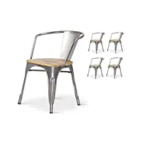 kosmi - lot de 4 chaises en métal brut style industriel factory en métal brut et assise en bois naturel clair, fauteuils industriels avec accoudoirs