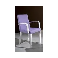 fauteuil moderne avec accoudoirs en tissu lilas et structure blanche.