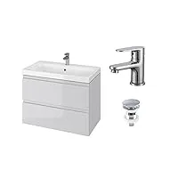 vbchome meuble de salle de bain 80 cm gris avec robinetterie et vanne pop-up avec lavabo et meuble sous-lavabo 2 tiroirs click-clack