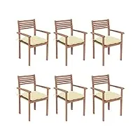 vidaxl 6x teck solide chaises de jardin empilables avec coussins chaises de patio fauteuils de salle à manger d'extérieur fauteuils de terrasse