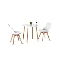 eggree ensemble table avec 2 chaises scandinave, table salle à manger ronde en bois 80cm et chaises cuisine - blanc