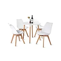 eggree ensemble table avec 4 chaises scandinave, table salle à manger ronde en bois 80cm et chaises cuisine - blanc