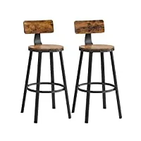 vasagle tabouret bar industriel, lot de 2, chaises bar cuisine, avec dossier, cadre en acier, siège de 73 cm de haut, montage facile, style industriel, marron rustique et noir lbc026b01v1