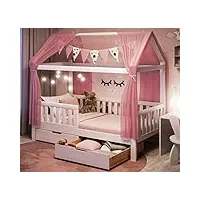 alcube® lit cabane 80x160 avec barrière de sécurité, tiroir de lit et sommier - lit pour enfant 80x160 avec deux tiroirs pour garçons et filles - pour enfants en bois de pin - blanc